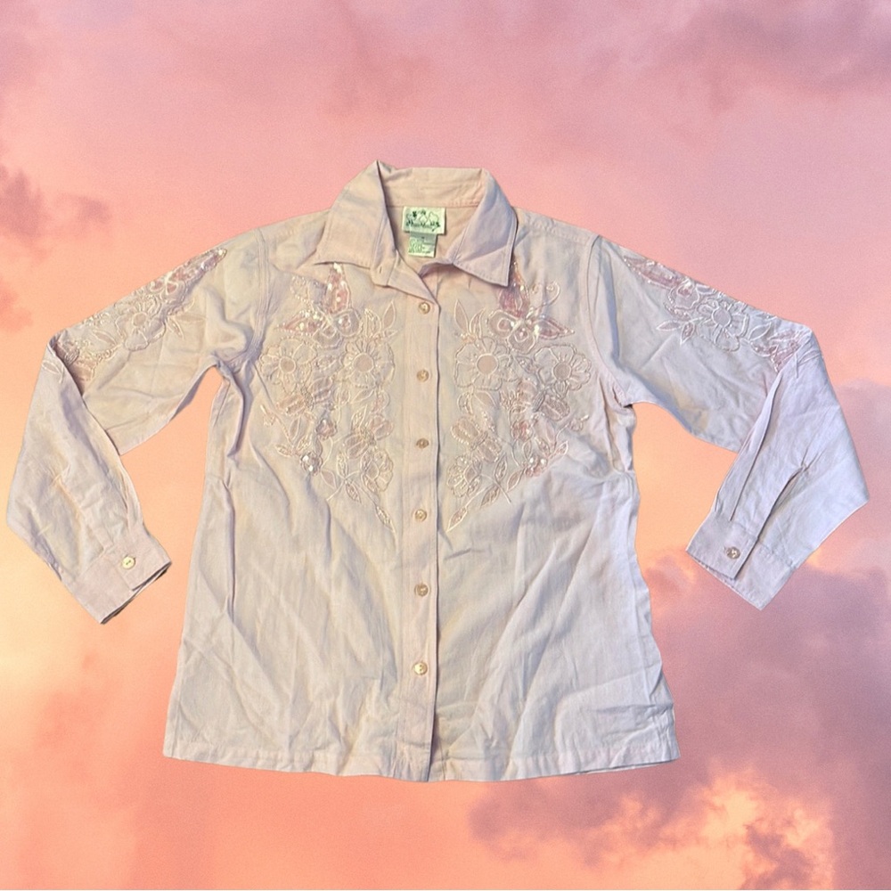 Vintage 90s Quacker Factory Light Pink Beaded Sequin Button down Size M